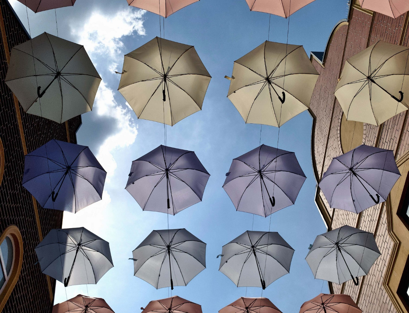 umbrellas viewed from below against a blue sky